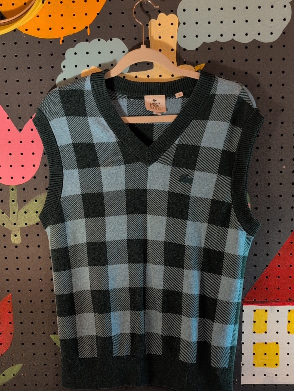 Lacoste Men's Black & Light Blue Check V-Neck Sweater Vest